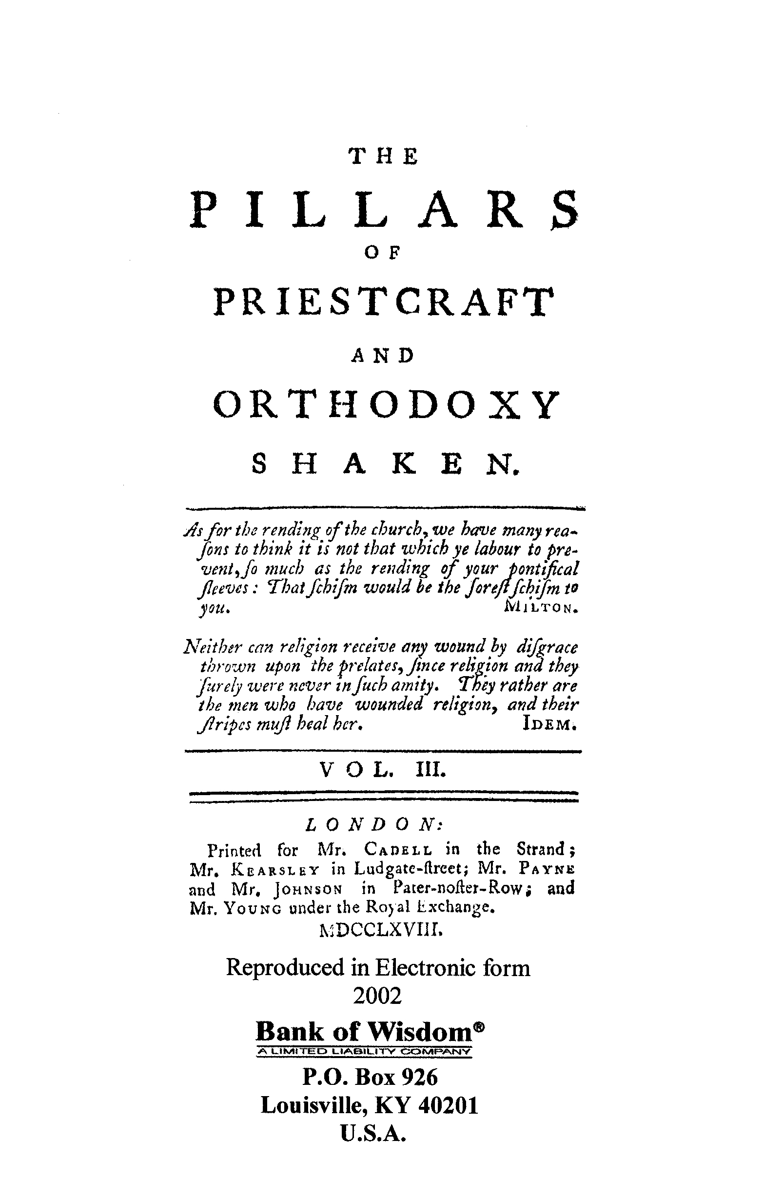 (image for) The Pillars of Priest Craft and Othodoxy Shaken, Vol. 3 of 4 Vol - Click Image to Close